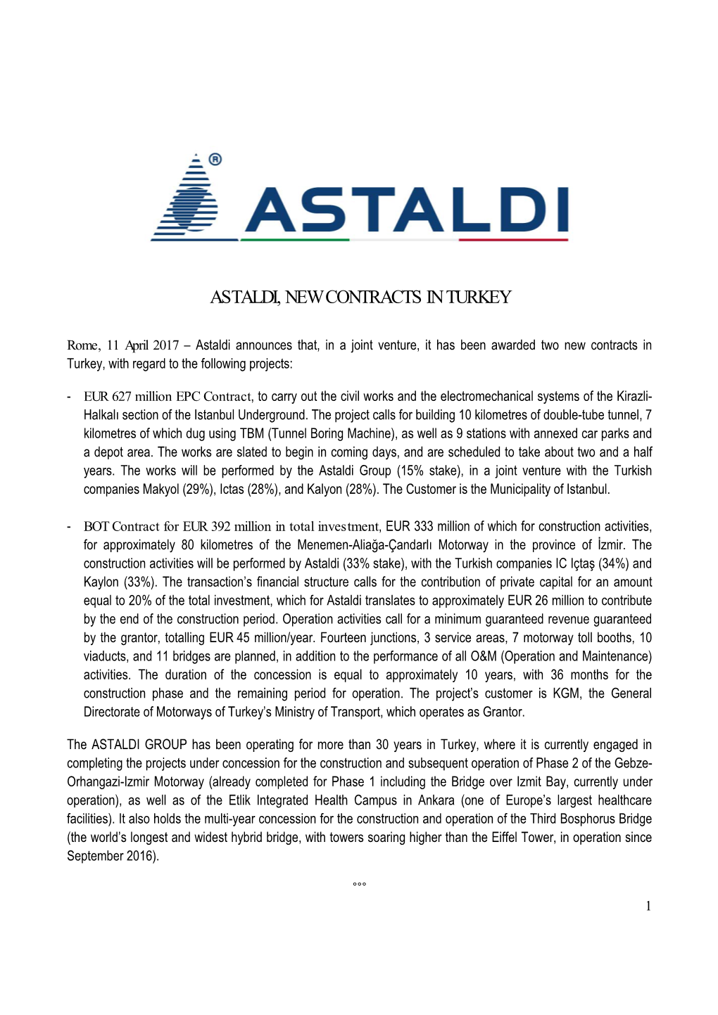 Astaldi, New Contracts in Turkey