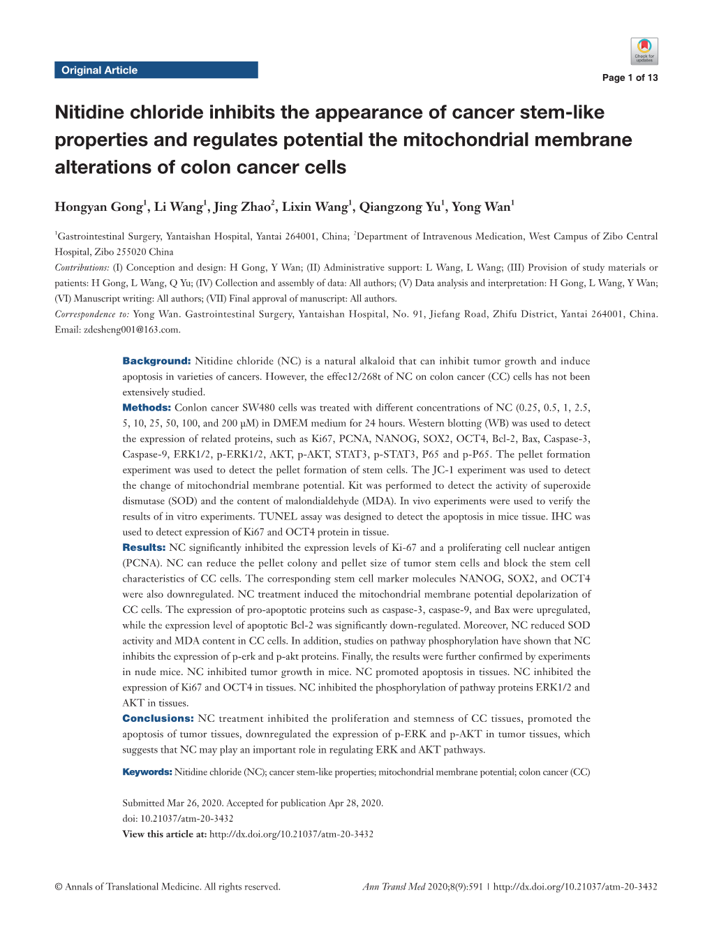 Nitidine Chloride Inhibits the Appearance of Cancer Stem-Like Properties and Regulates Potential the Mitochondrial Membrane Alterations of Colon Cancer Cells