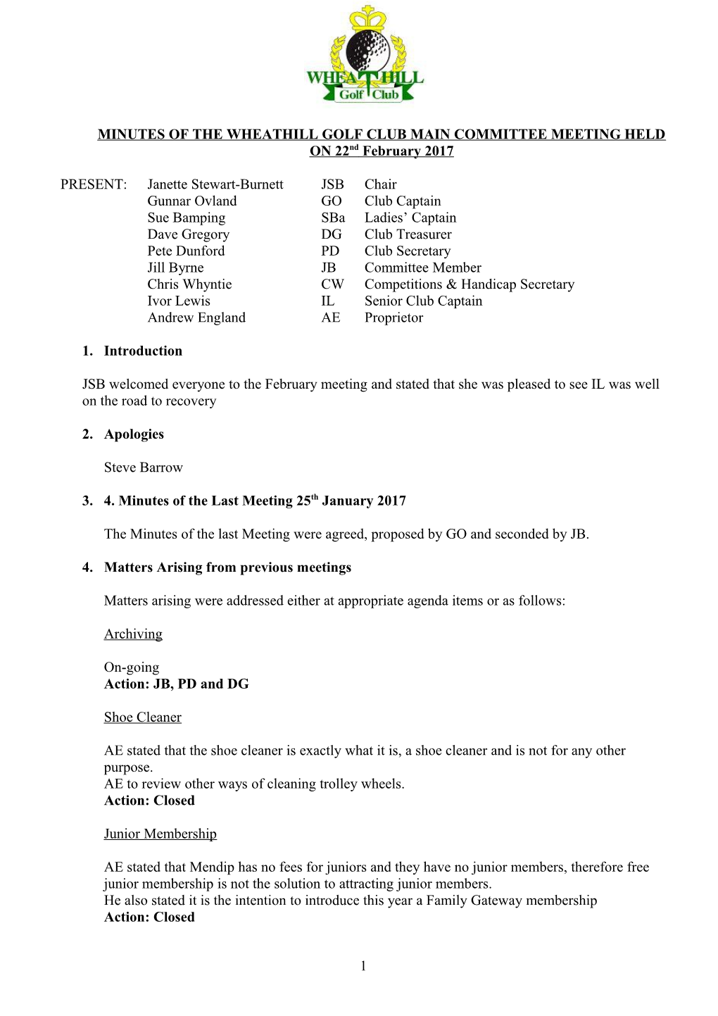 Minutes of the Wheathill Golf Club Playing Committee 13 Feb 13