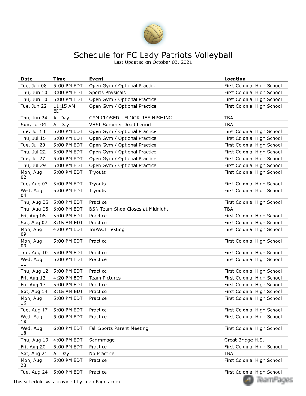 Schedule for FC Lady Patriots Volleyball Last Updated on October 03, 2021