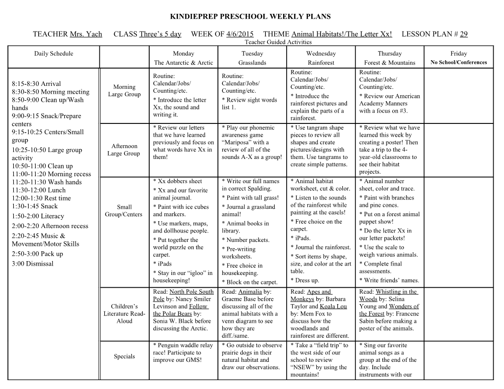 Core Knowledge Preschool Weekly Plan