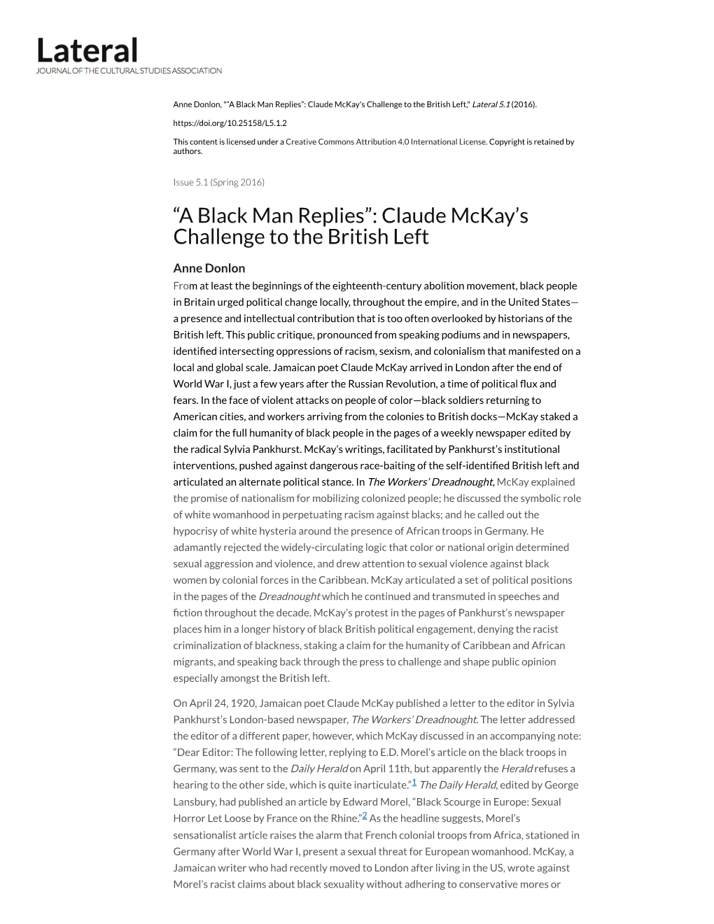 Claude Mckay's Challenge to the British Left,