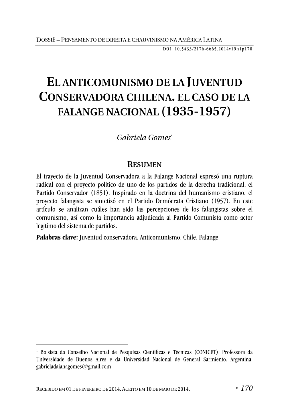 El Anticomunismo De La Juventud Conservadora Chilena.El Caso De La Falange Nacional (1935-1957)