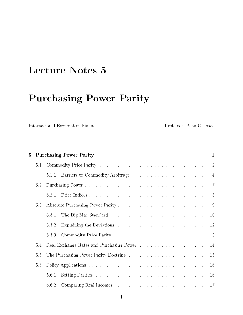 Lecture Notes 5 Purchasing Power Parity