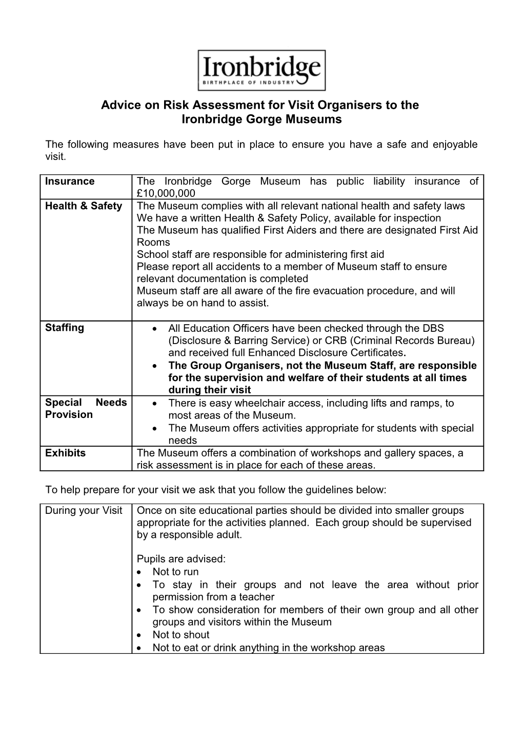 Advice on Risk Assessment for Visit Organisers to The