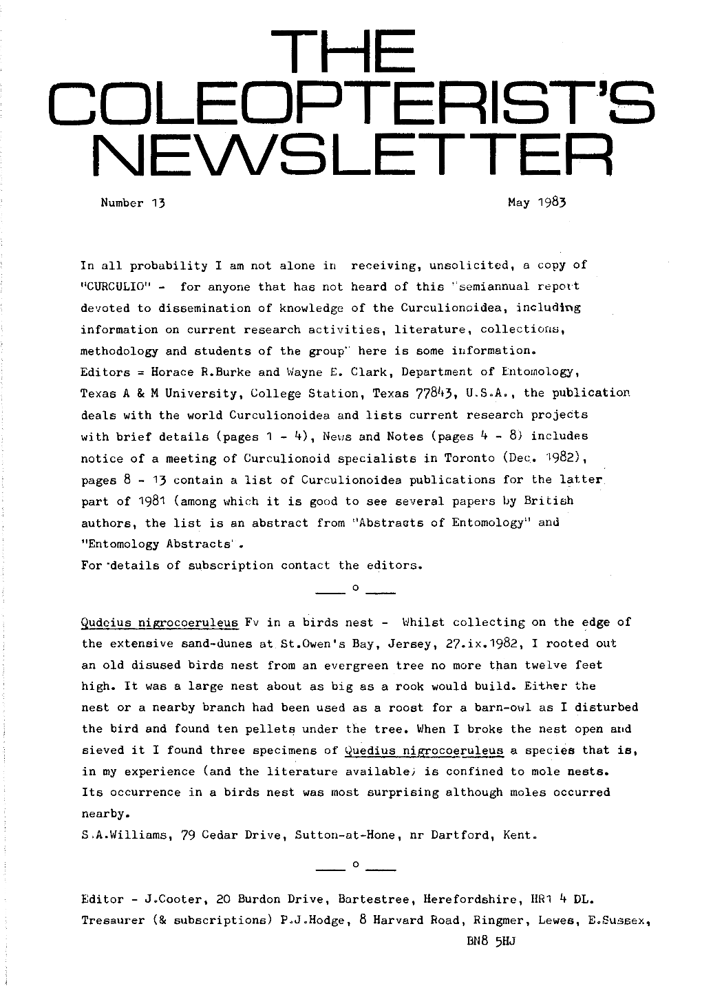 NEWSLETTER Number 13 May 1983