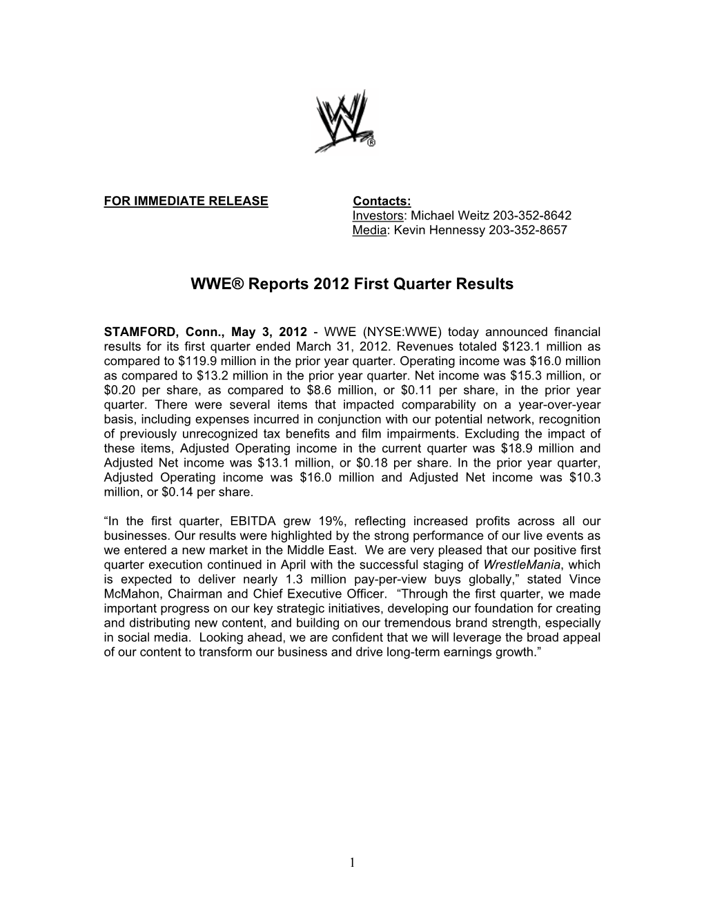 WWE® Reports 2012 First Quarter Results