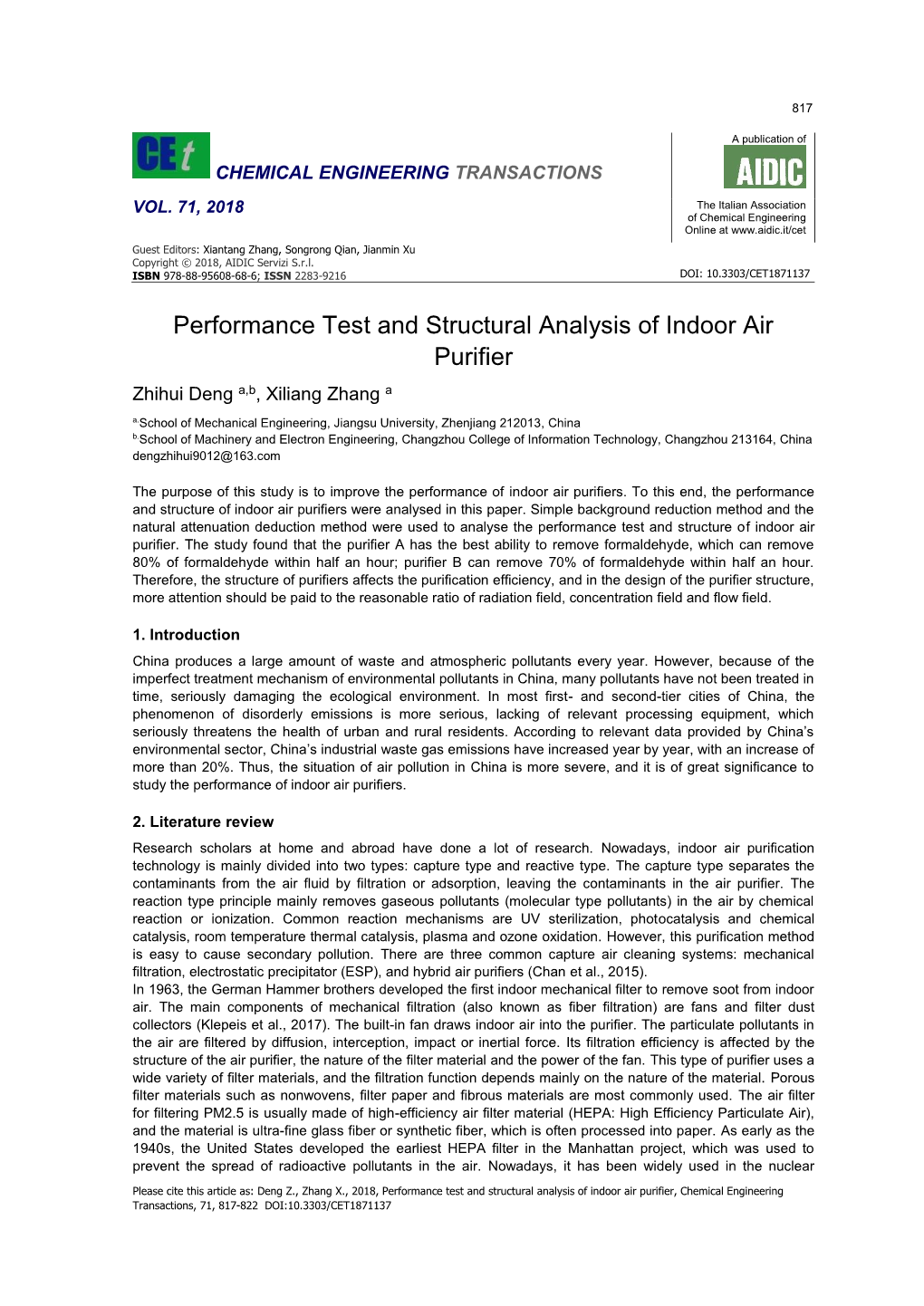 Performance Test and Structural Analysis of Indoor Air Purifier