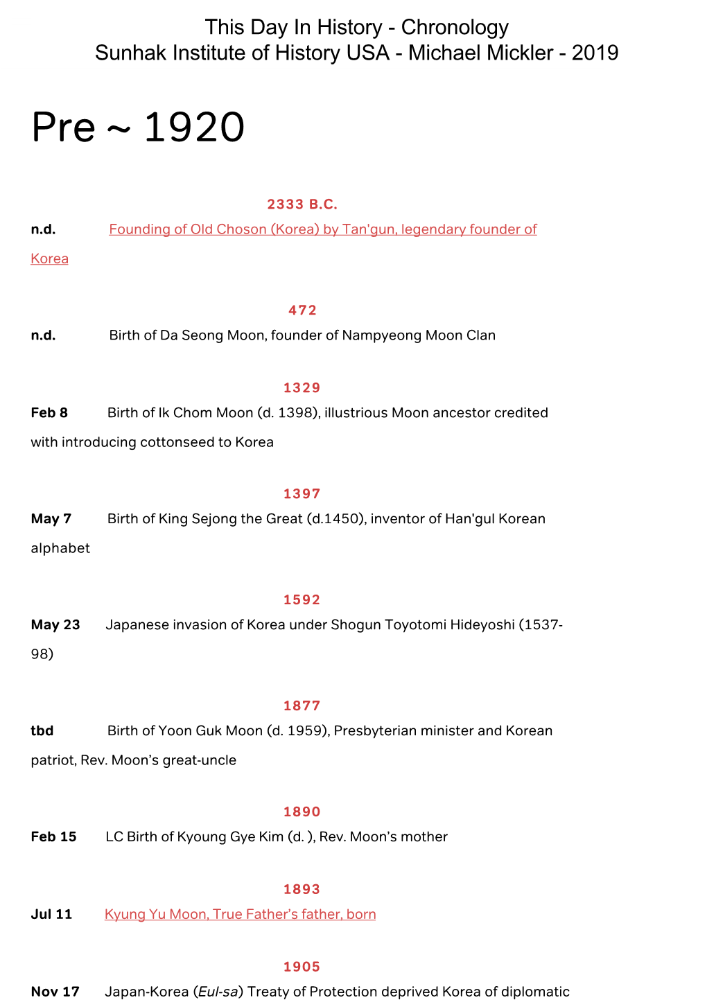 Chronology Sunhak Institute of History USA - Michael Mickler - 2019 Pre ~ 1920