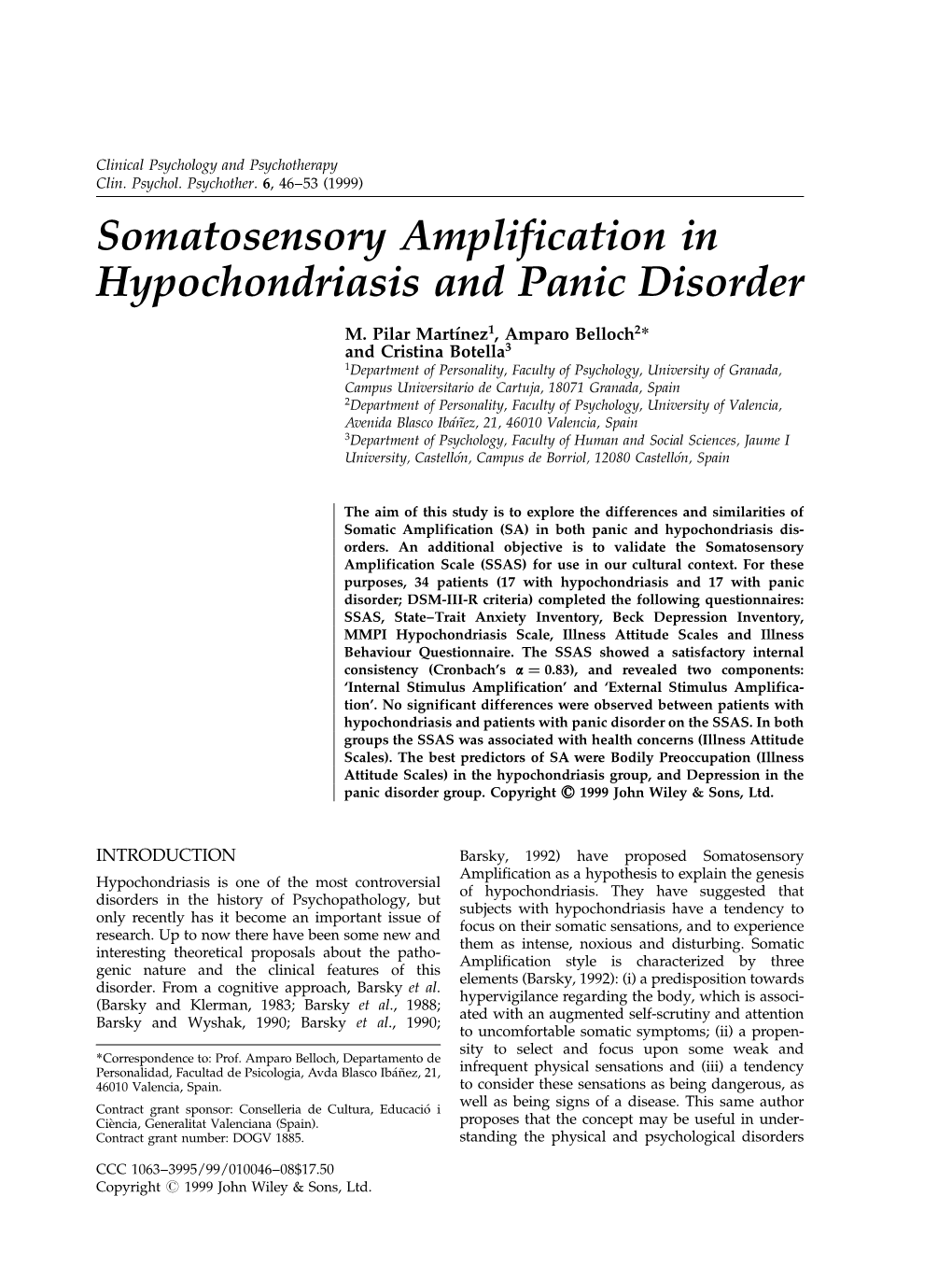 Somatosensory Amplification in Hypochondriasis and Panic Disorder