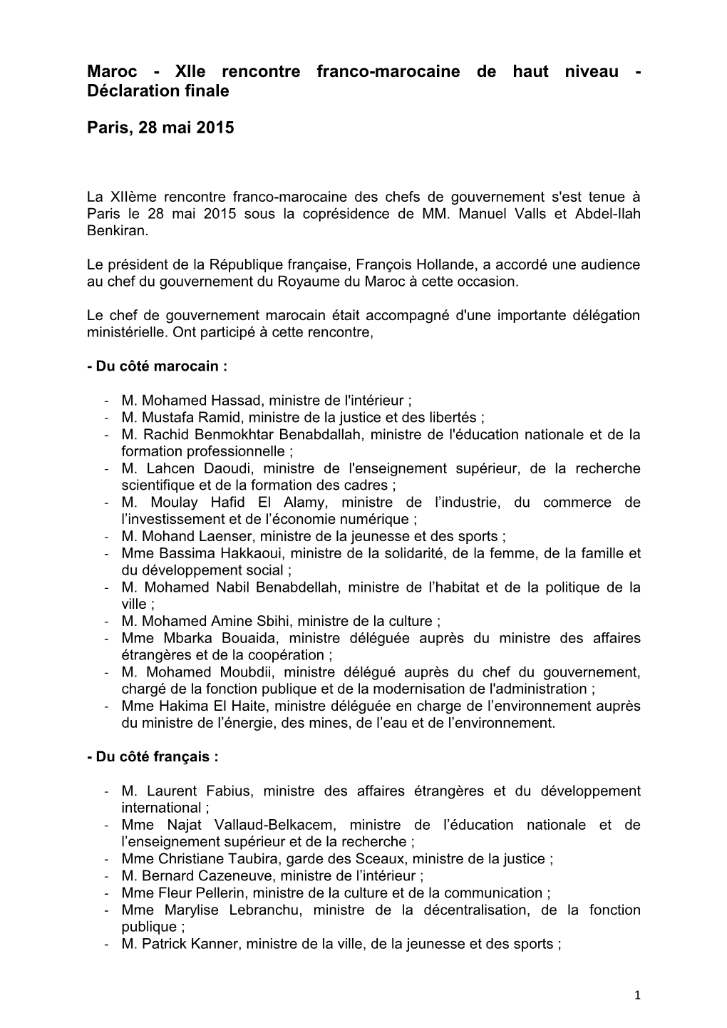 Xiie Rencontre Franco-Marocaine De Haut Niveau - Déclaration Finale