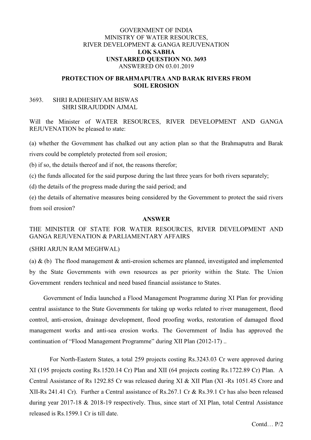 Government of India Ministry of Water Resources, River Development & Ganga Rejuvenation Lok Sabha Unstarred Question No