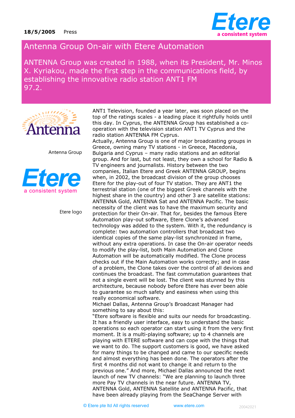 Antenna Group On-Air with Etere Automation
