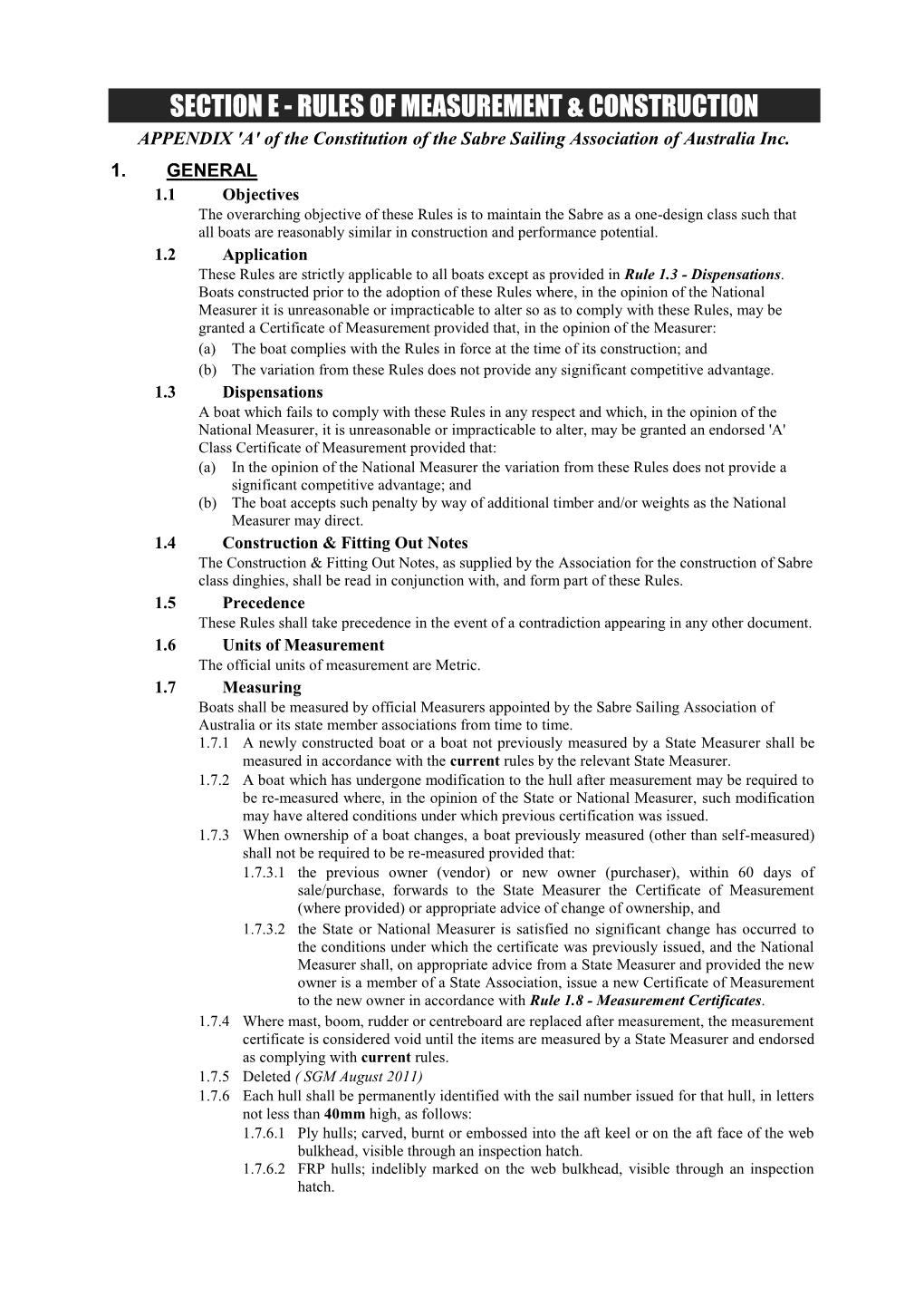 SECTION E - RULES of MEASUREMENT & CONSTRUCTION APPENDIX 'A' of the Constitution of the Sabre Sailing Association of Australia Inc