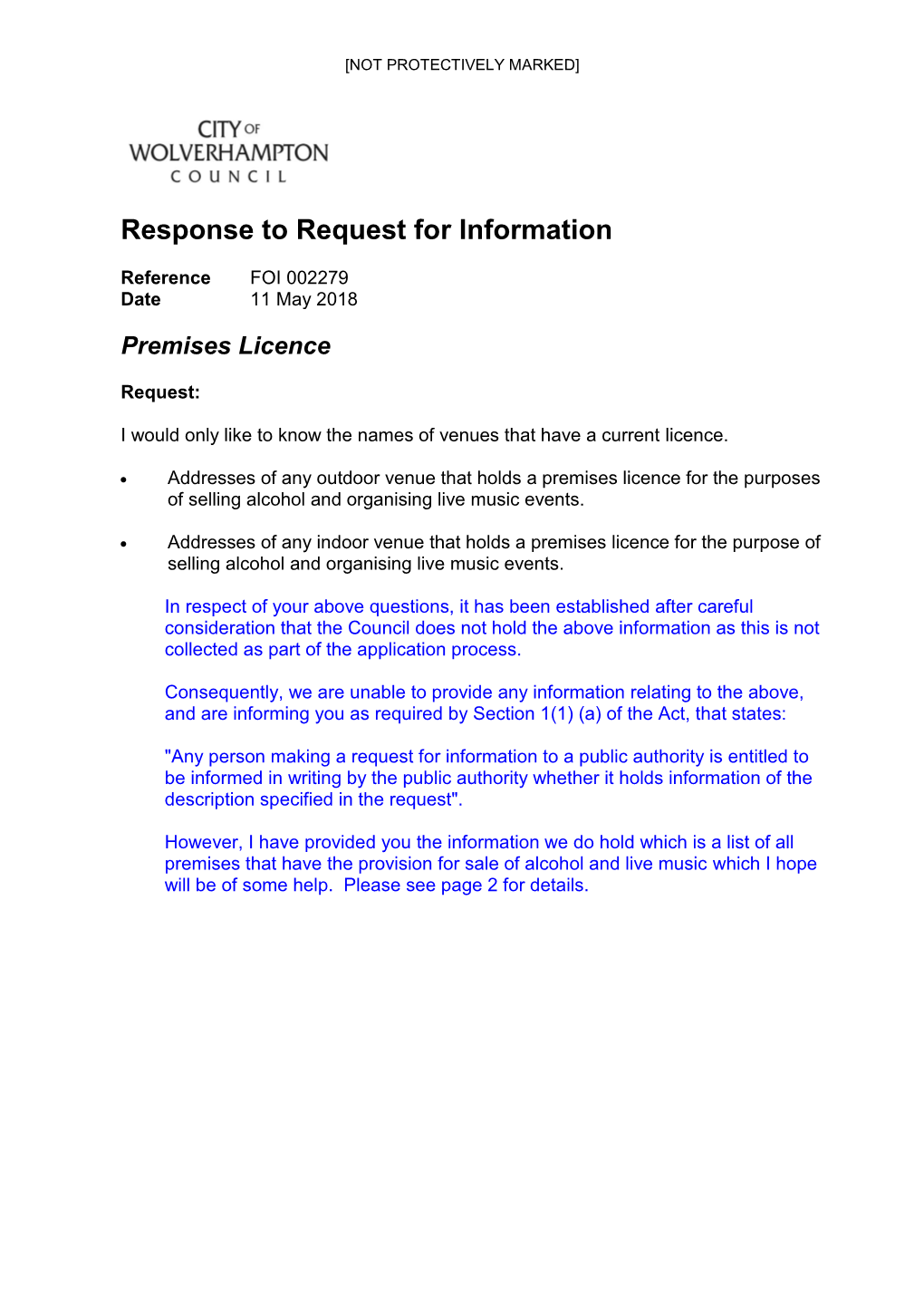 Response to Request for Information