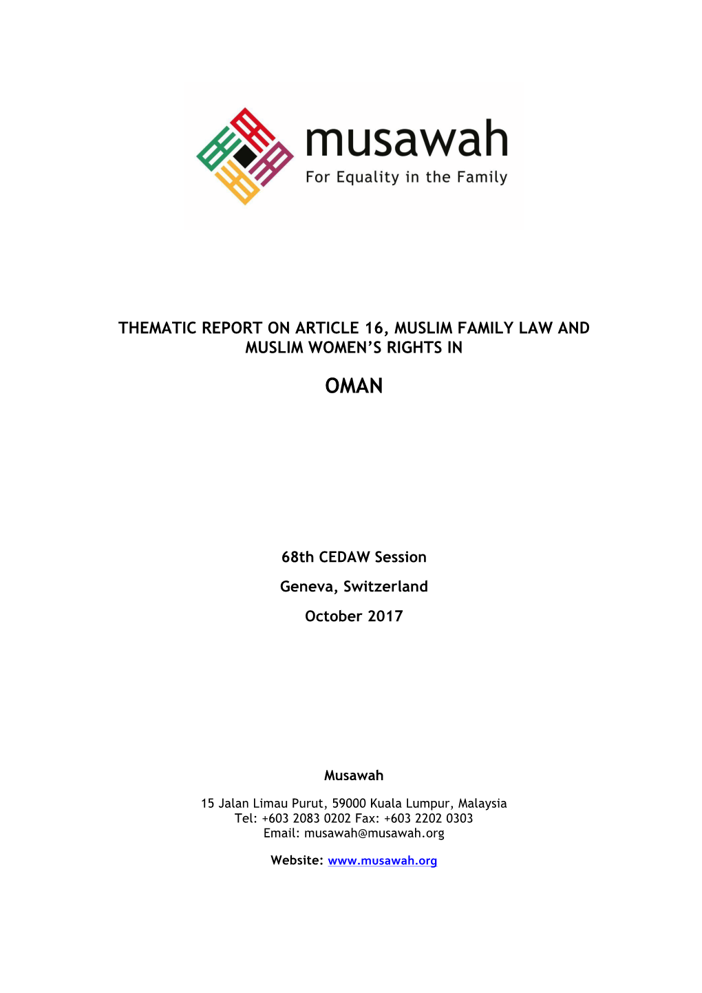 Thematic Report on Article 16, Muslim Family Law and Muslim Women’S Rights in Oman