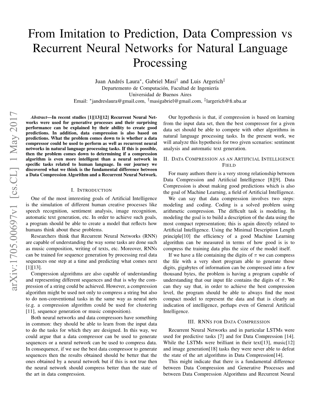 From Imitation to Prediction, Data Compression Vs Recurrent Neural Networks for Natural Language Processing