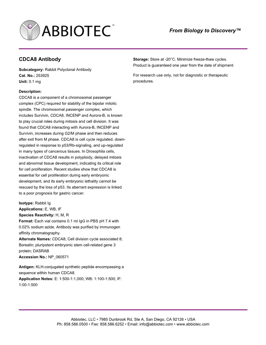 CDCA8 Antibody Storage: Store at -20°C