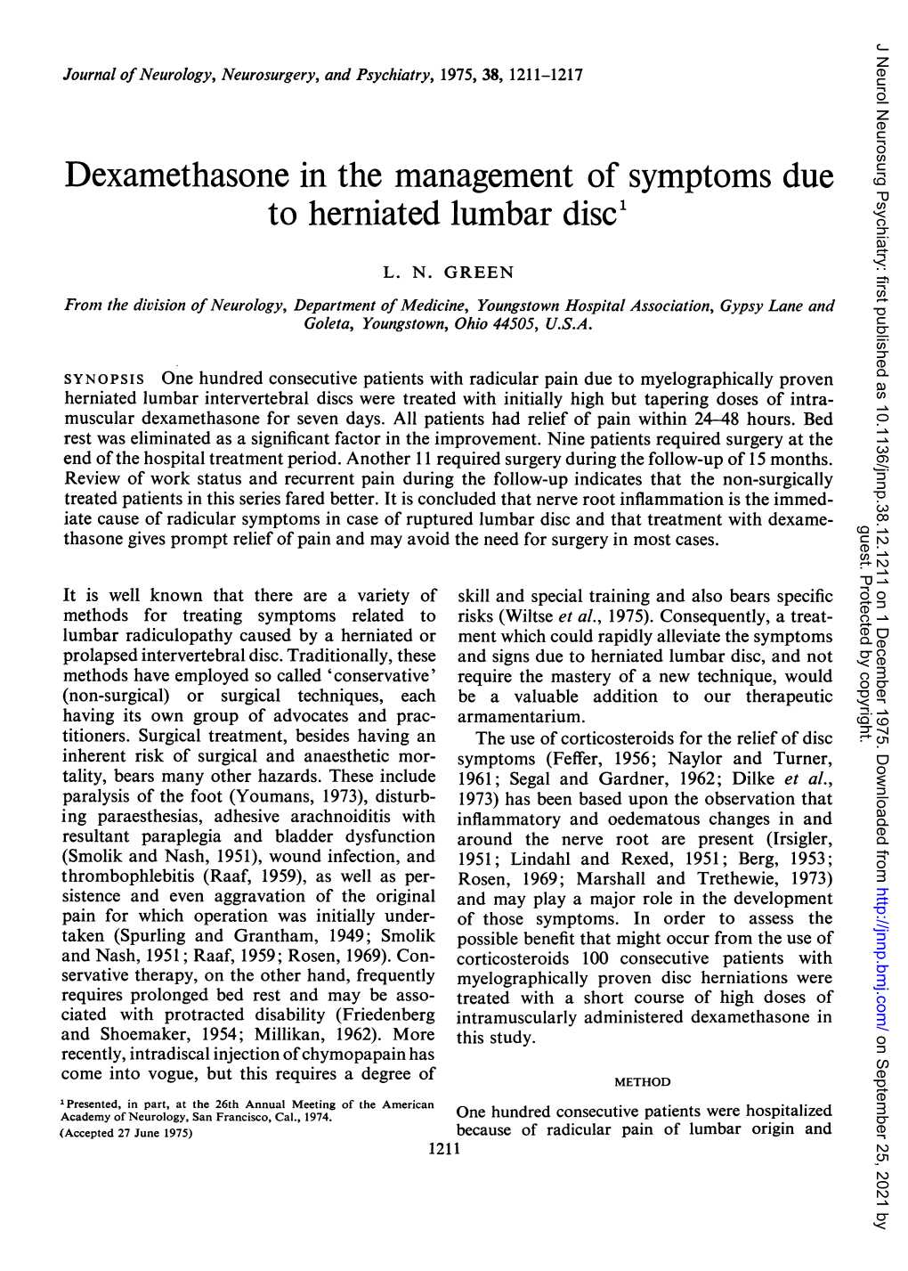 Dexamethasone in the Management of Symptoms Due to Herniated Lumbar Disc'