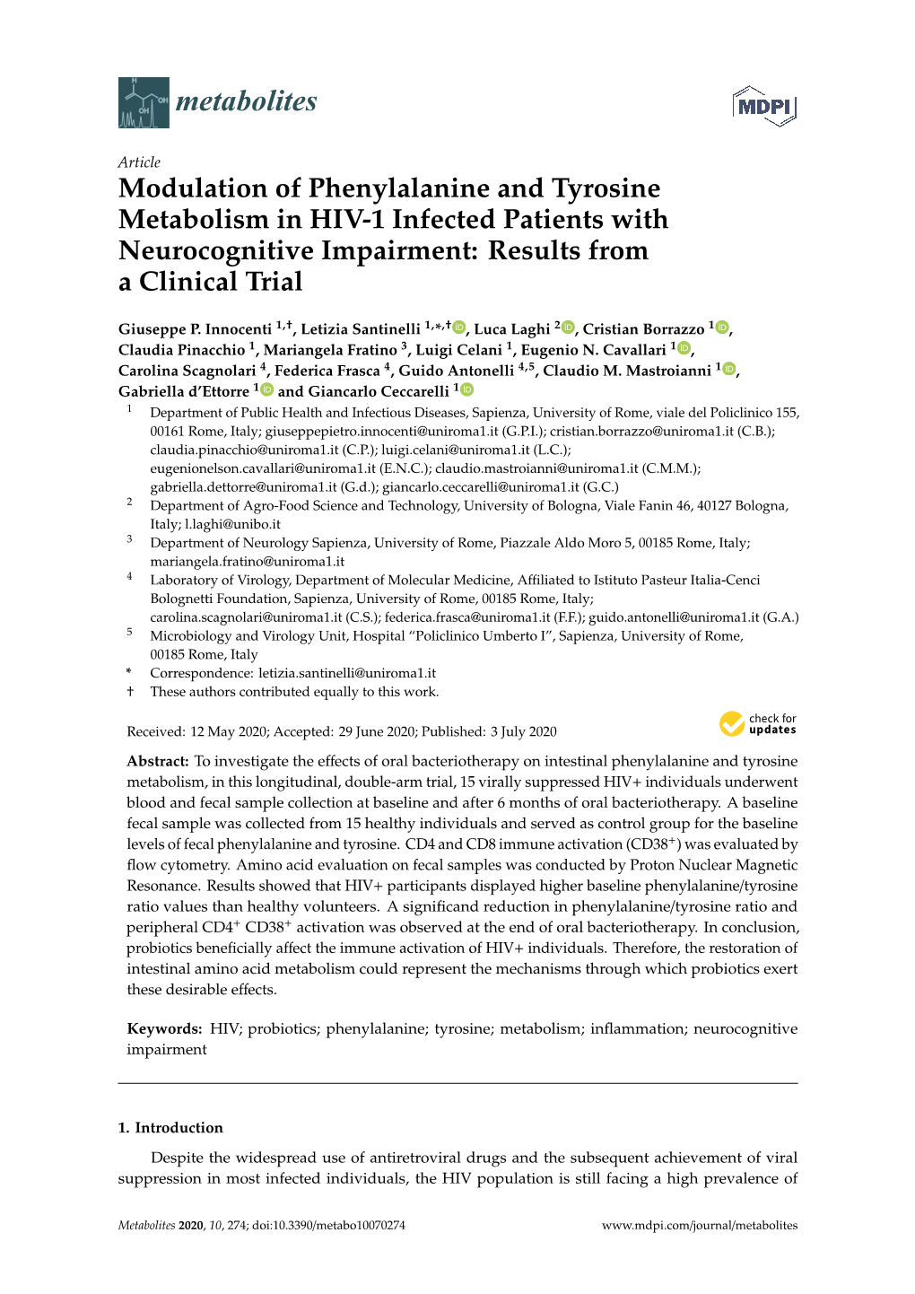 Modulation of Phenylalanine and Tyrosine Metabolism in HIV-1 Infected Patients with Neurocognitive Impairment: Results from a Clinical Trial