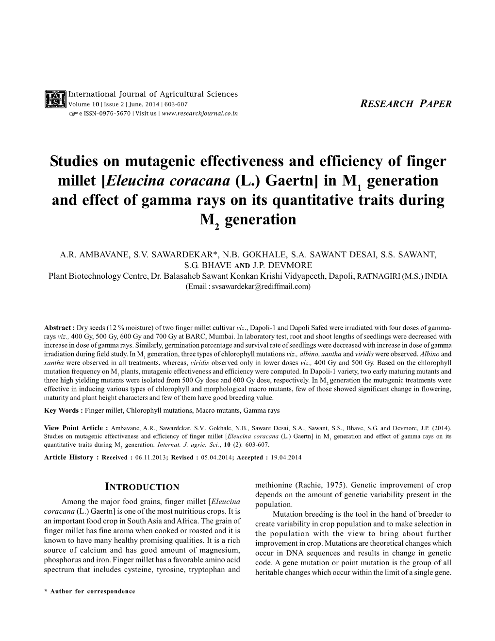 Studies on Mutagenic Effectiveness and Efficiency of Finger Millet