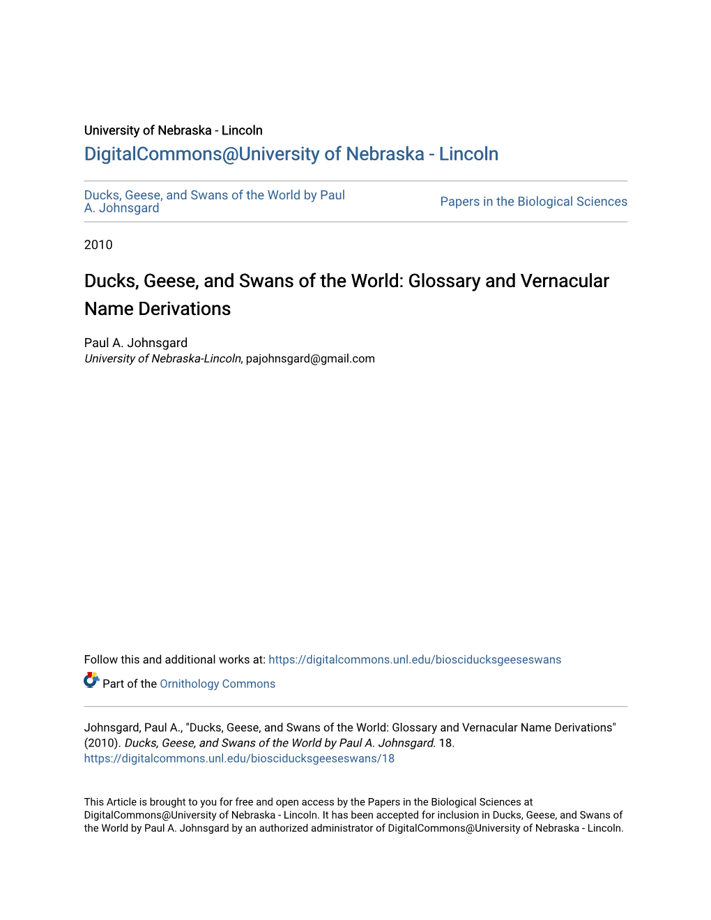 Ducks, Geese, and Swans of the World: Glossary and Vernacular Name Derivations