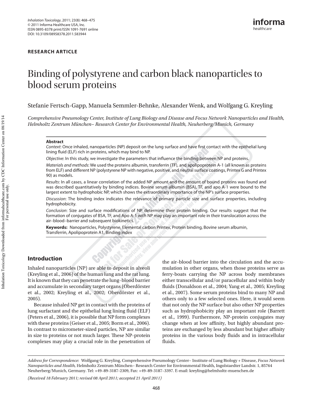 Binding of Polystyrene and Carbon Black Nanoparticles to Blood Serum Proteins