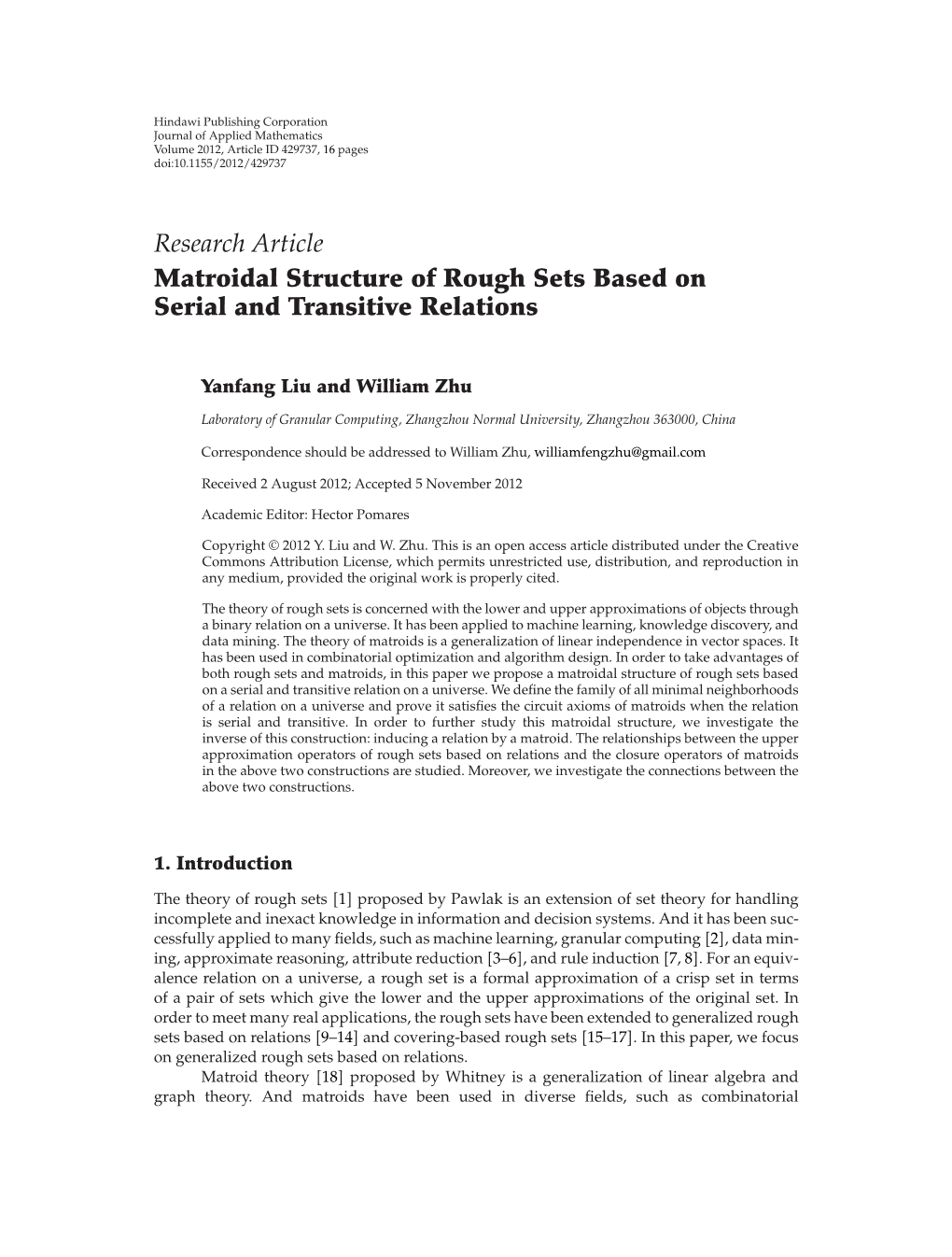 Research Article Matroidal Structure of Rough Sets Based on Serial and Transitive Relations