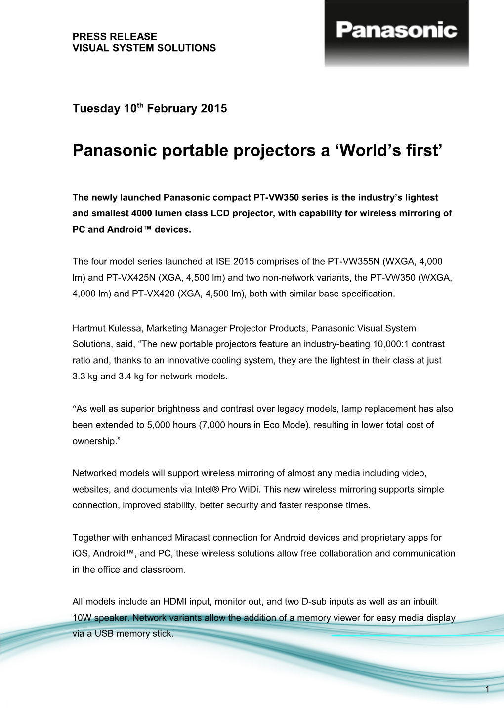 Panasonic Portable Projectors a World S First