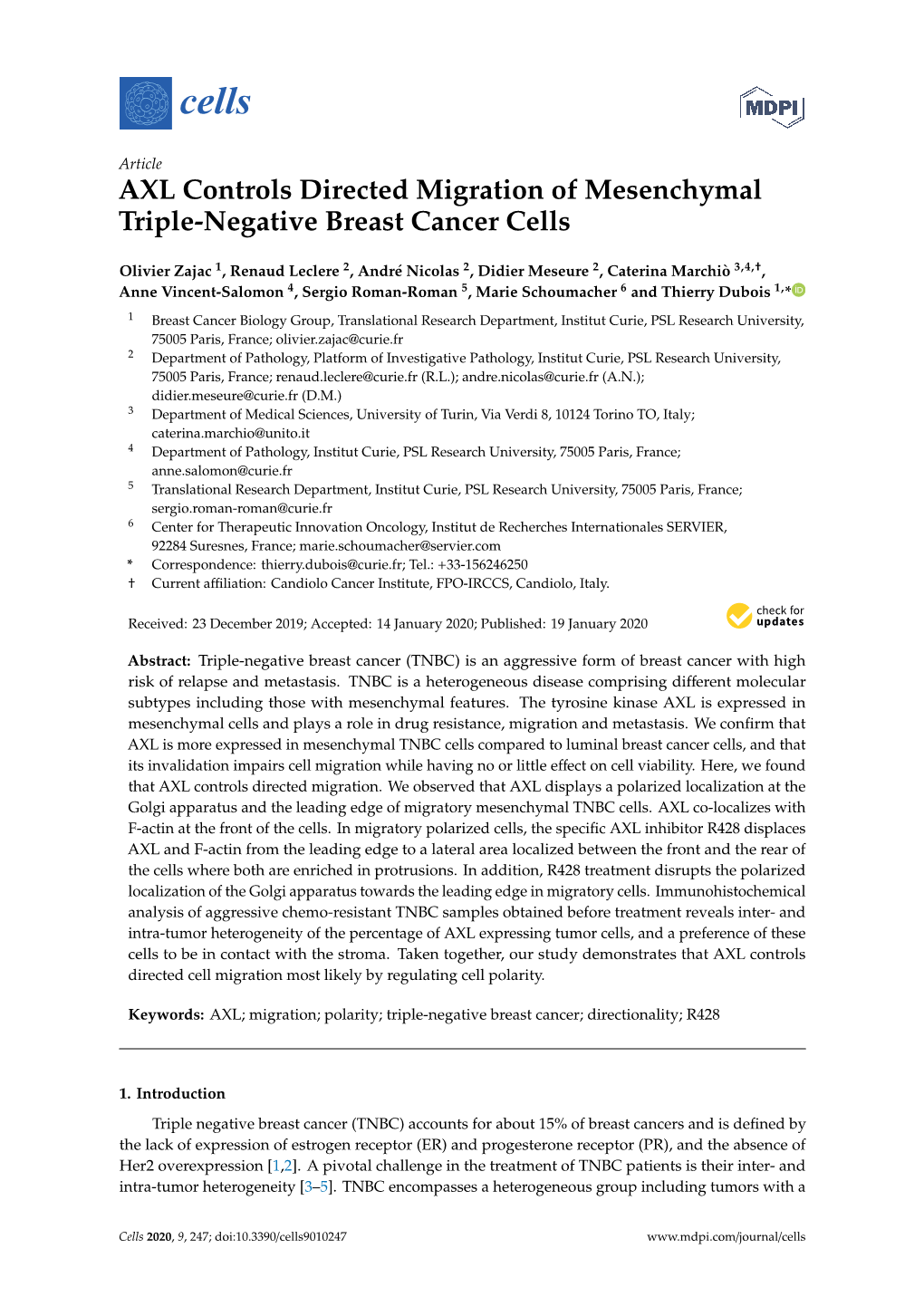 AXL Controls Directed Migration of Mesenchymal Triple-Negative Breast Cancer Cells
