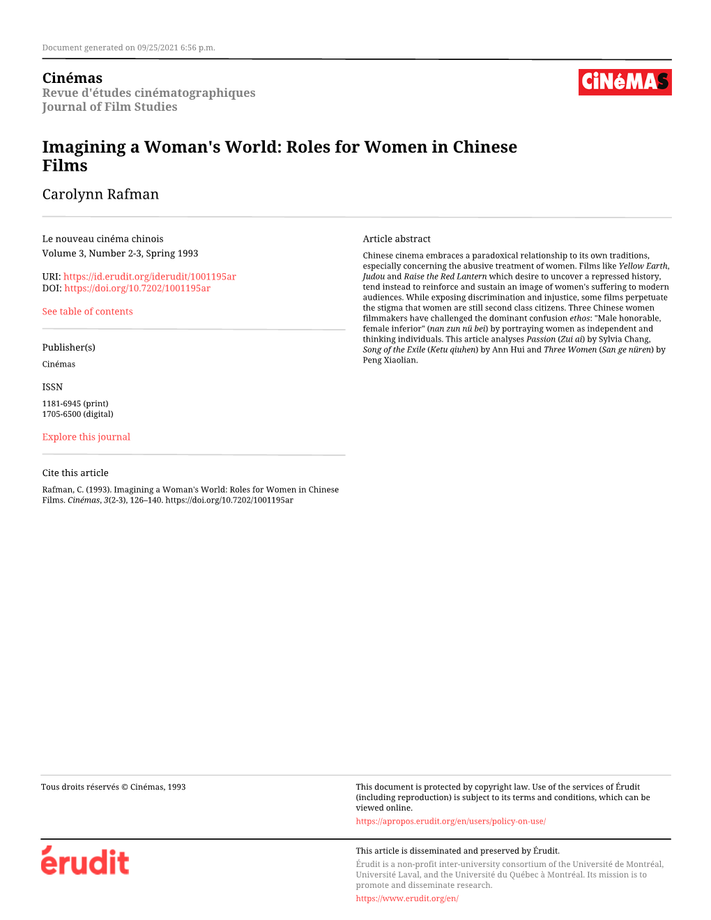 Roles for Women in Chinese Films Carolynn Rafman