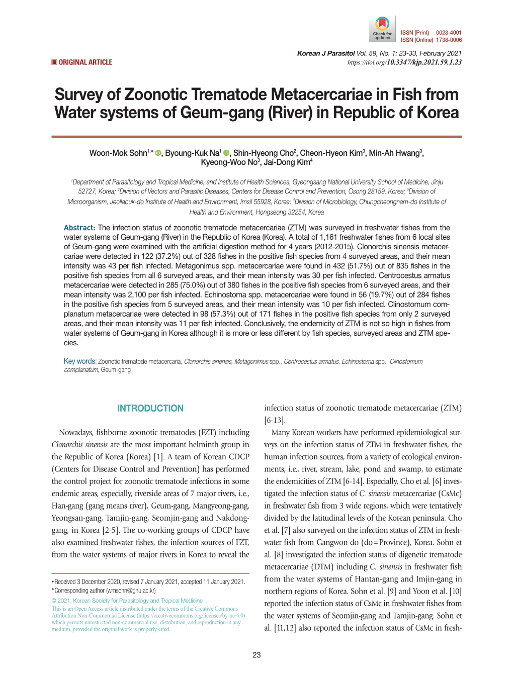 Survey of Zoonotic Trematode Metacercariae in Fish from Water Systems of Geum-Gang (River) in Republic of Korea