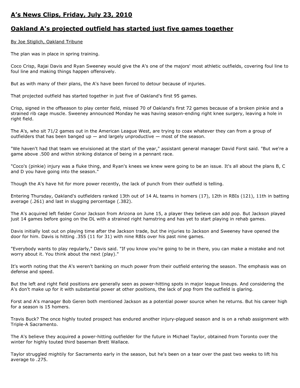 A's News Clips, Friday, July 23, 2010 Oakland A's Projected Outfield