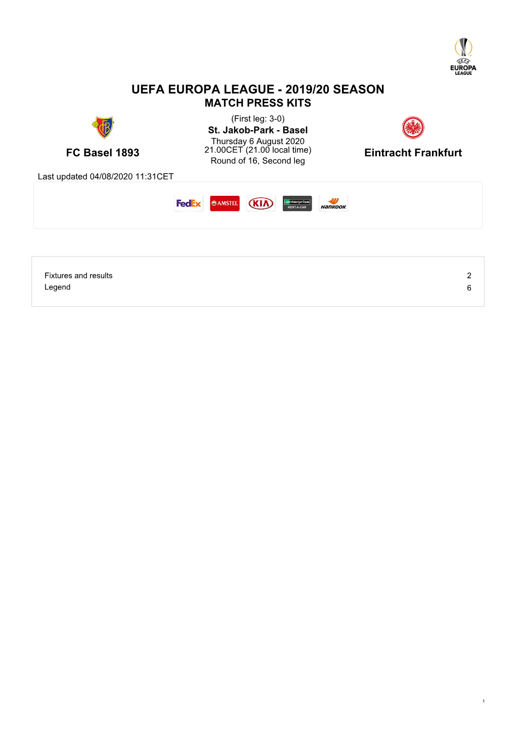 UEFA EUROPA LEAGUE - 2019/20 SEASON MATCH PRESS KITS (First Leg: 3-0) St