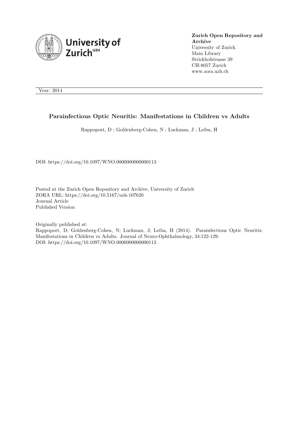 Parainfectious Optic Neuritis: Manifestations in Children Vs Adults