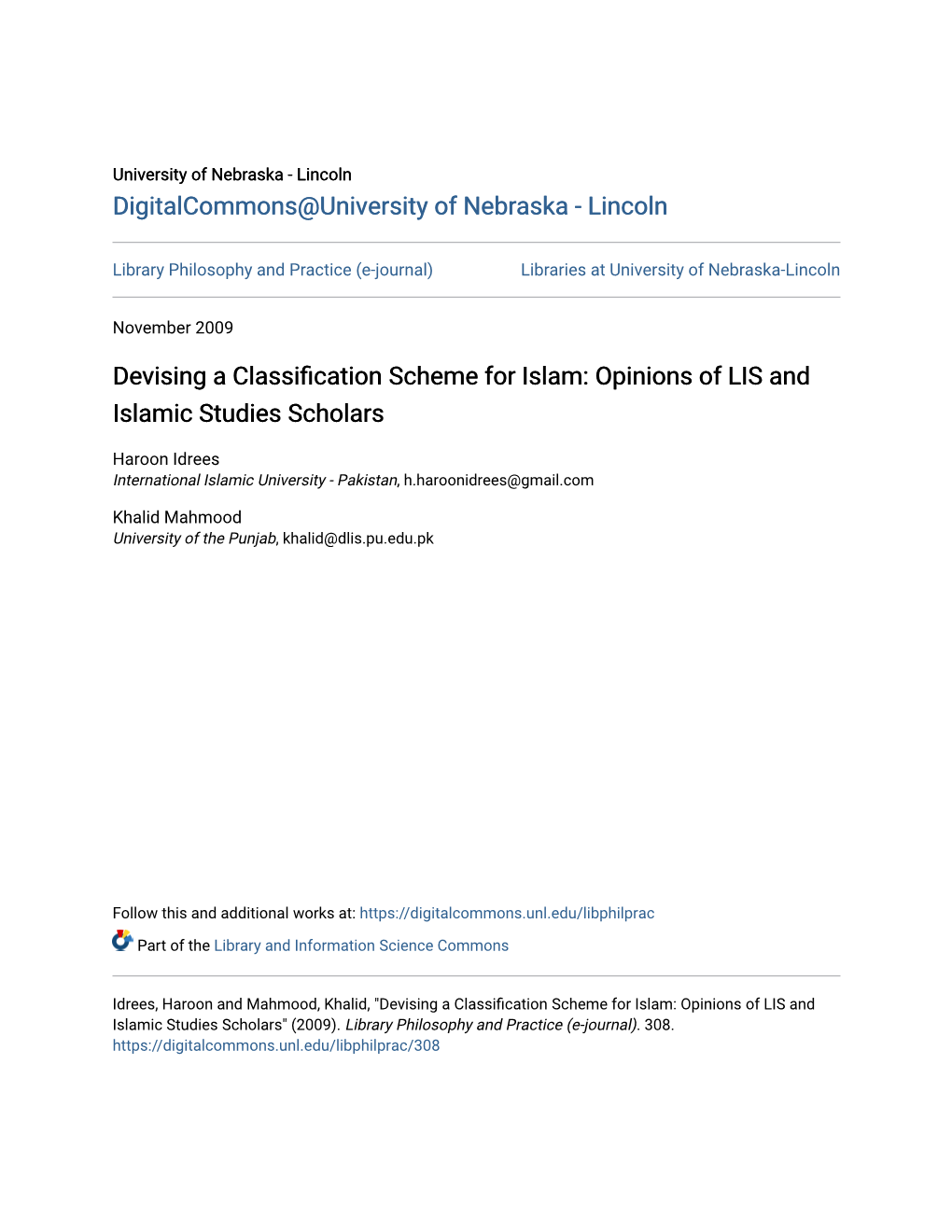 Devising a Classification Scheme for Islam: Opinions of LIS and Islamic Studies Scholars