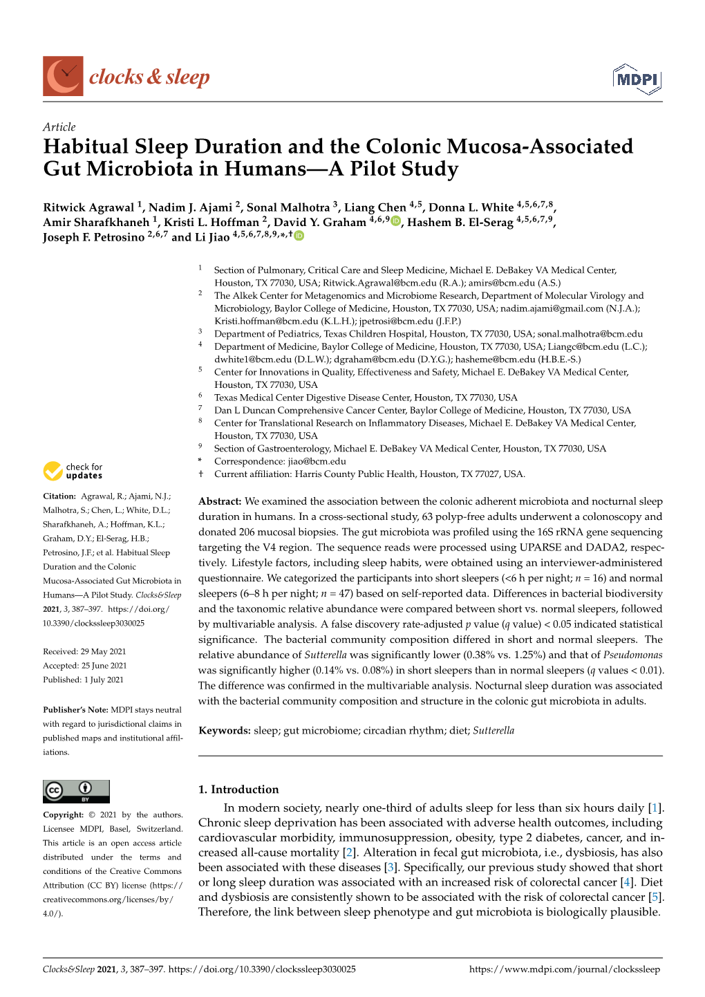 Habitual Sleep Duration and the Colonic Mucosa-Associated Gut Microbiota in Humans—A Pilot Study