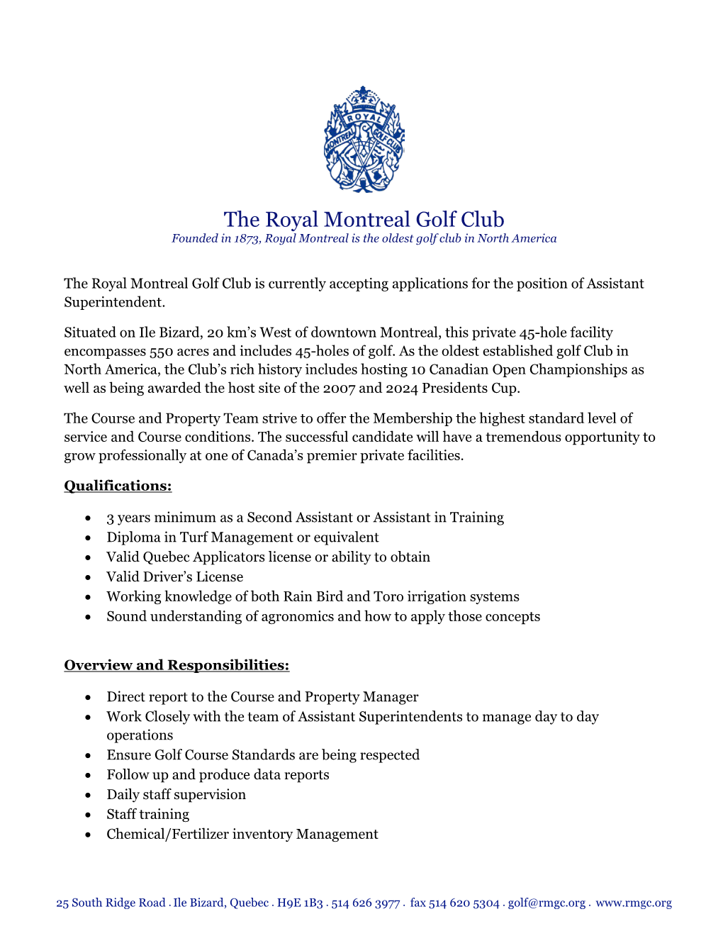 Royal Montreal Golf Club – Assistant Superintendent