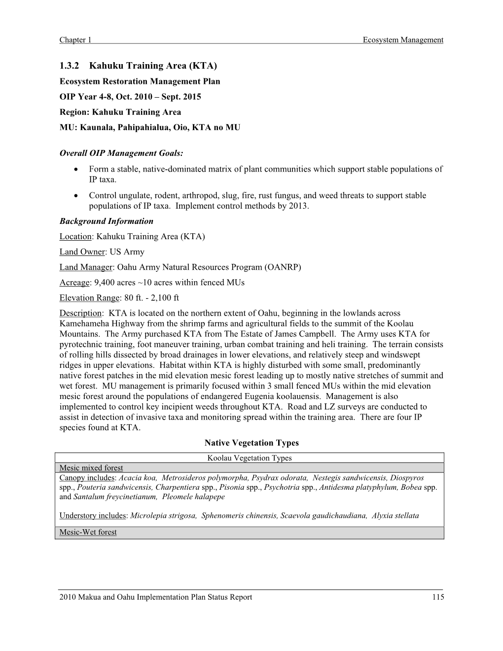 1.3.2 Kahuku Training Area (KTA) Ecosystem Restoration Management Plan OIP Year 4-8, Oct