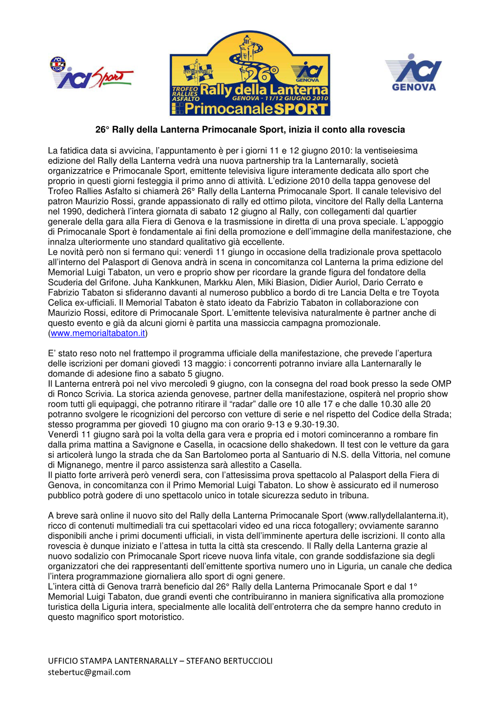 UFFICIO STAMPA LANTERNARALLY – STEFANO BERTUCCIOLI Stebertuc@Gmail.Com