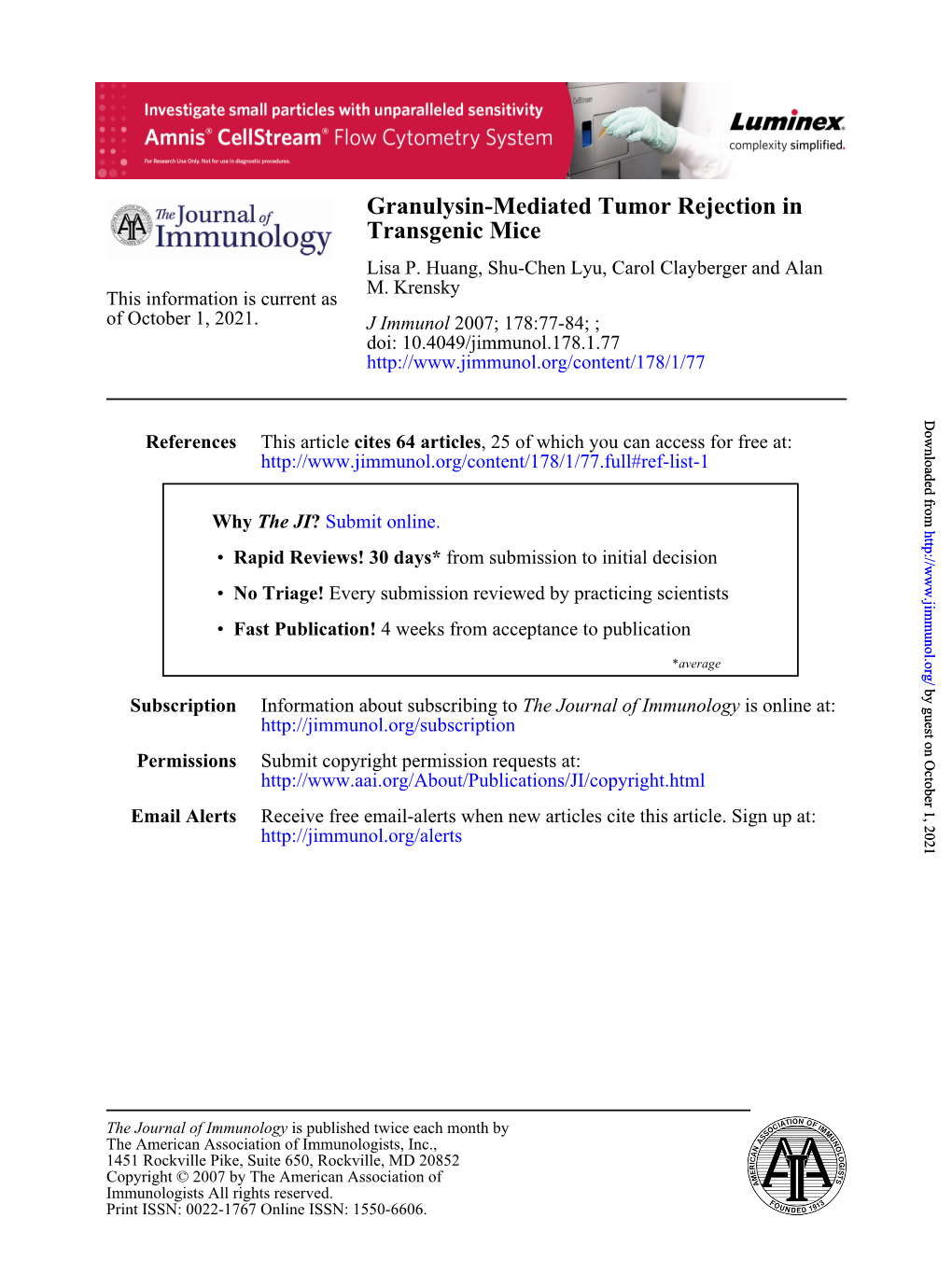 Transgenic Mice Granulysin-Mediated Tumor Rejection In