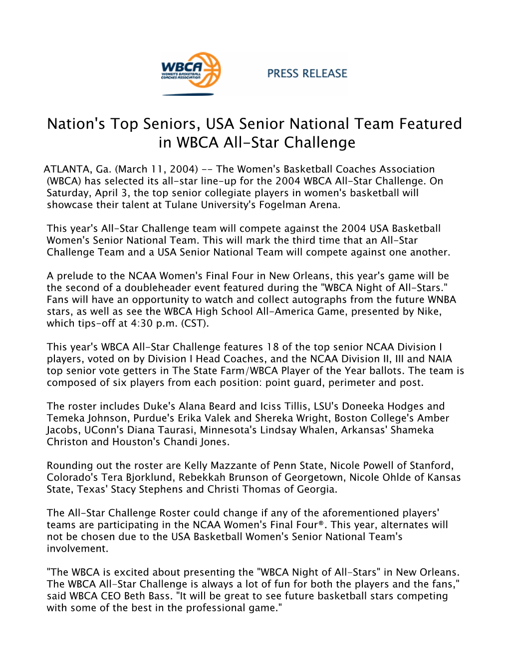 Nation's Top Seniors, USA Senior National Team Featured in WBCA All-Star Challenge