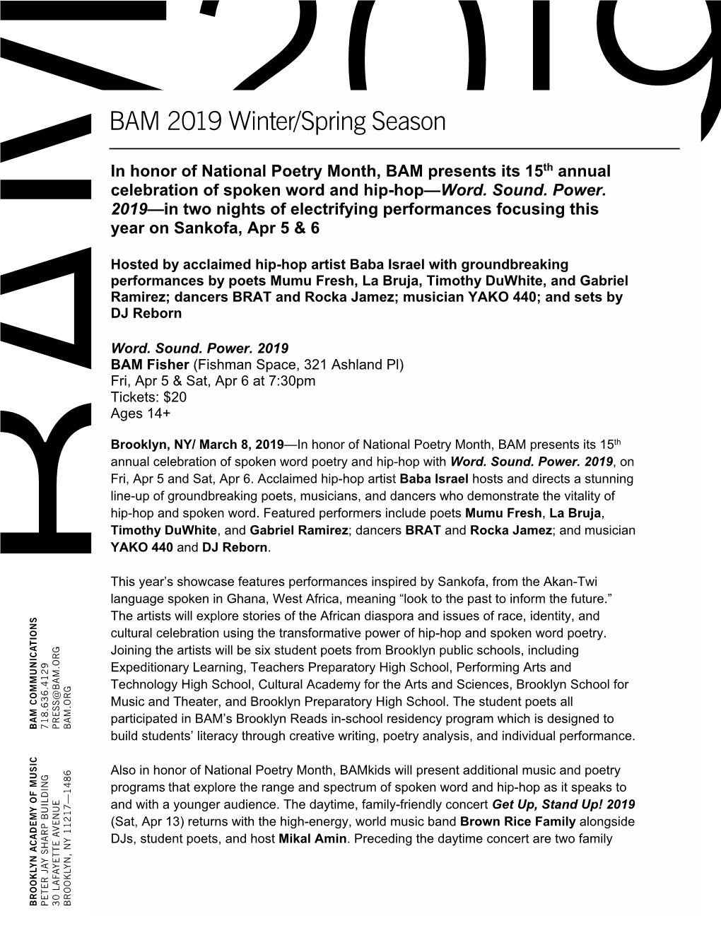 In Honor of National Poetry Month, BAM Presents Its 15Th Annual Celebration of Spoken Word and Hip-Hop—Word. Sound. Power