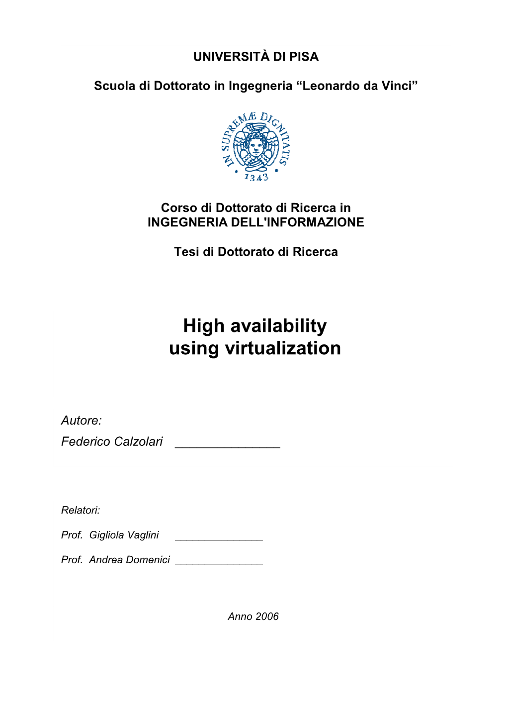 High Availability Using Virtualization