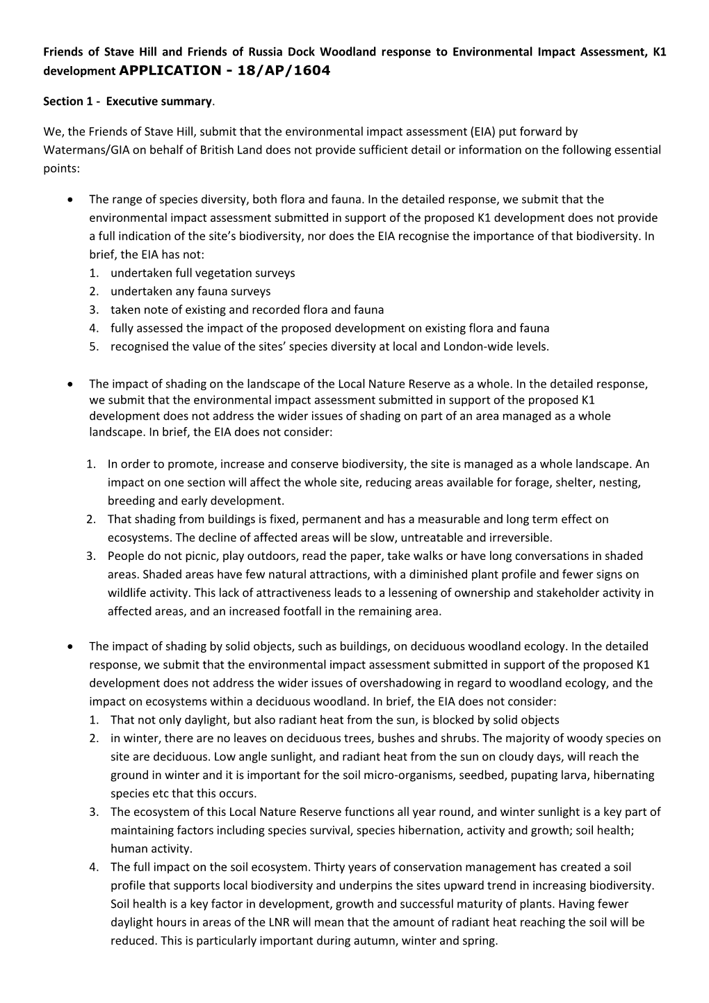 Friends of Stave Hill and Friends of Russia Dock Woodland Response to Environmental Impact Assessment, K1 Development APPLICATION - 18/AP/1604