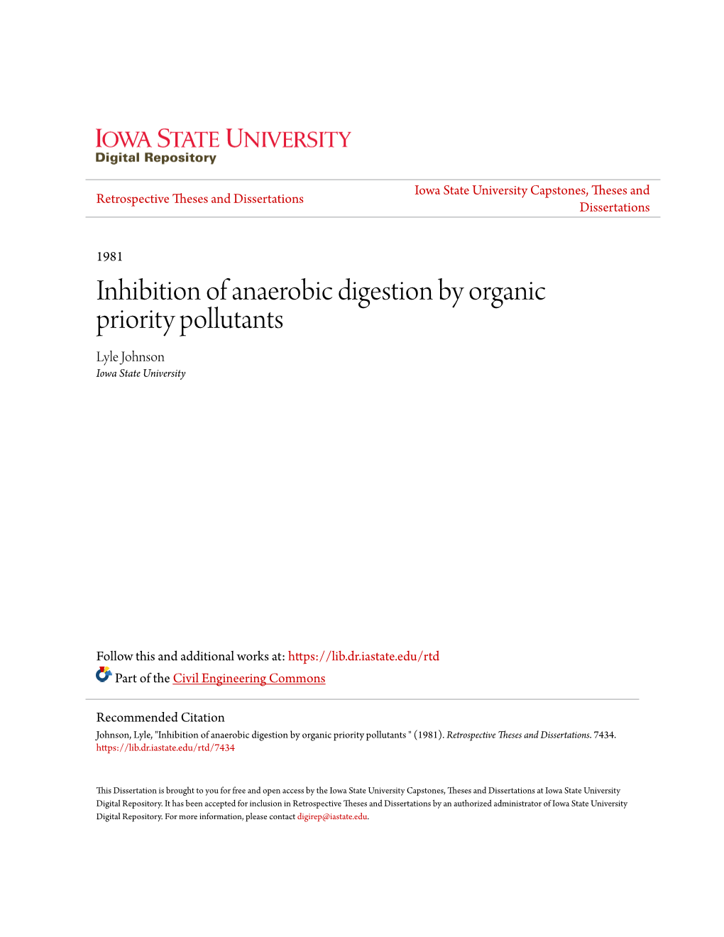 Inhibition of Anaerobic Digestion by Organic Priority Pollutants Lyle Johnson Iowa State University