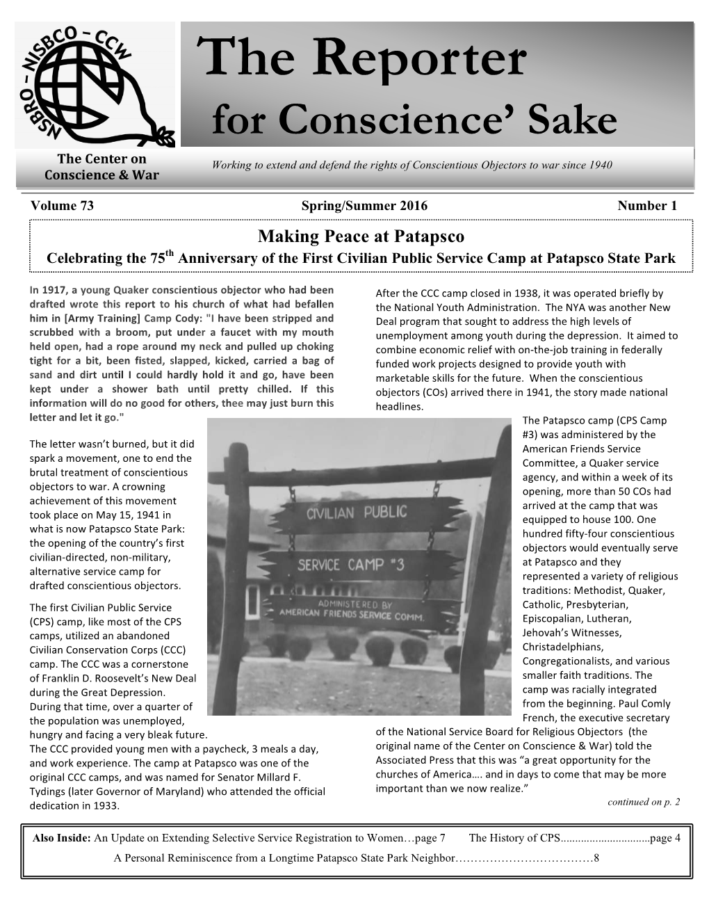 Spring/Summer 2016 Number 1 Making Peace at Patapsco Th Celebrating the 75 Anniversary of the First Civilian Public Service Camp at Patapsco State Park