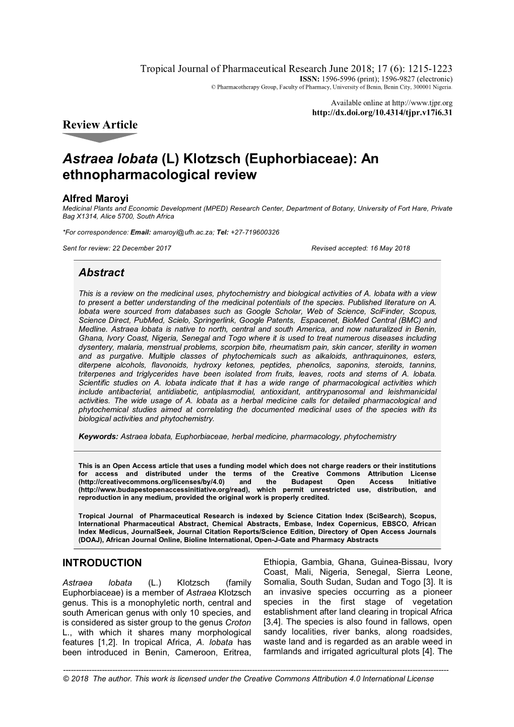 Astraea Lobata (L) Klotzsch (Euphorbiaceae): an Ethnopharmacological Review