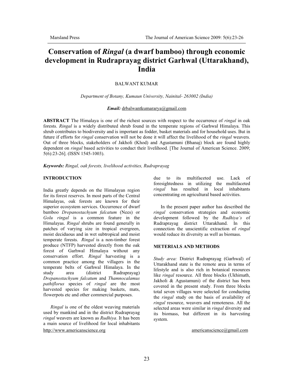 Conservation of Ringal (A Dwarf Bamboo) Through Economic Development in Rudraprayag District Garhwal (Uttarakhand), India