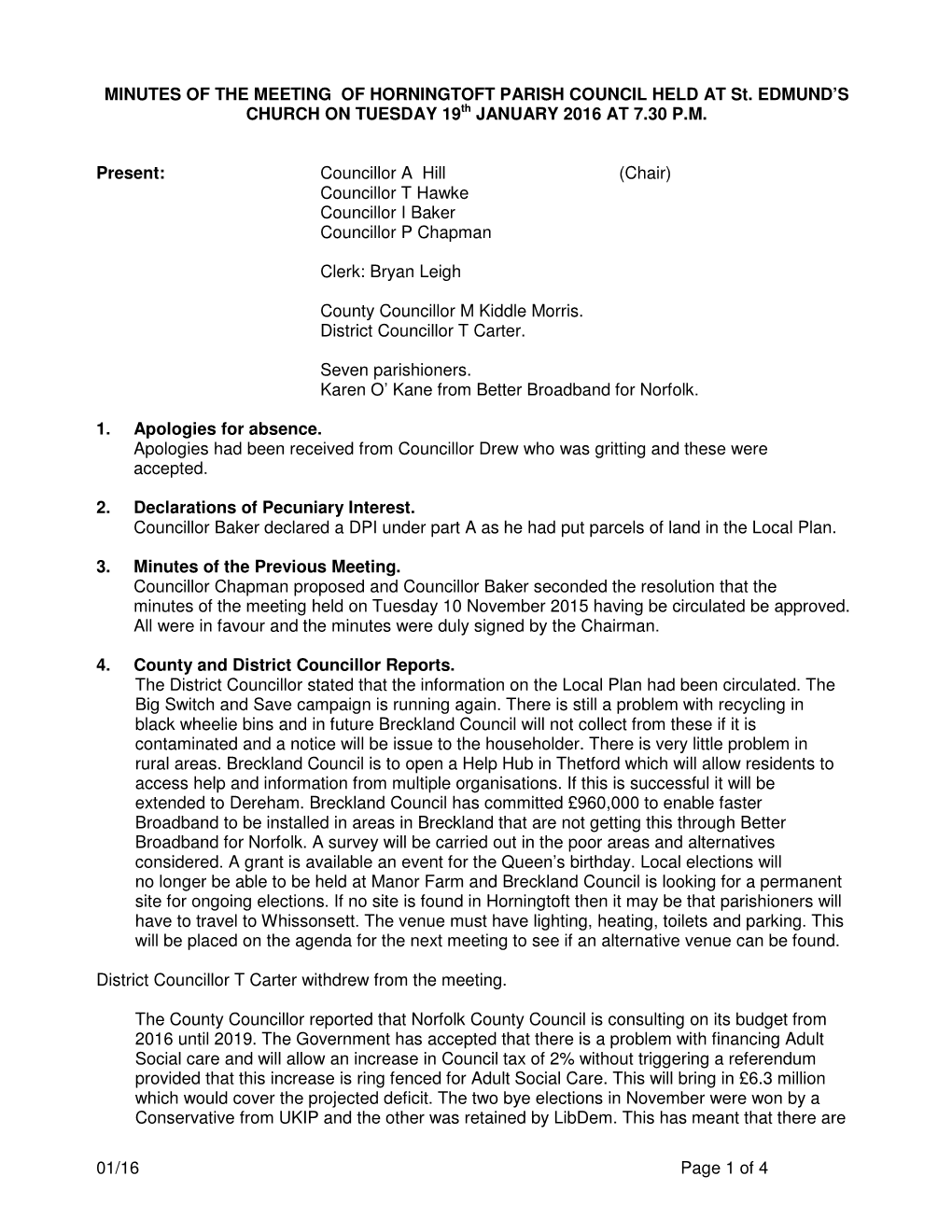 01/16 Page 1 of 4 MINUTES of the MEETING of HORNINGTOFT